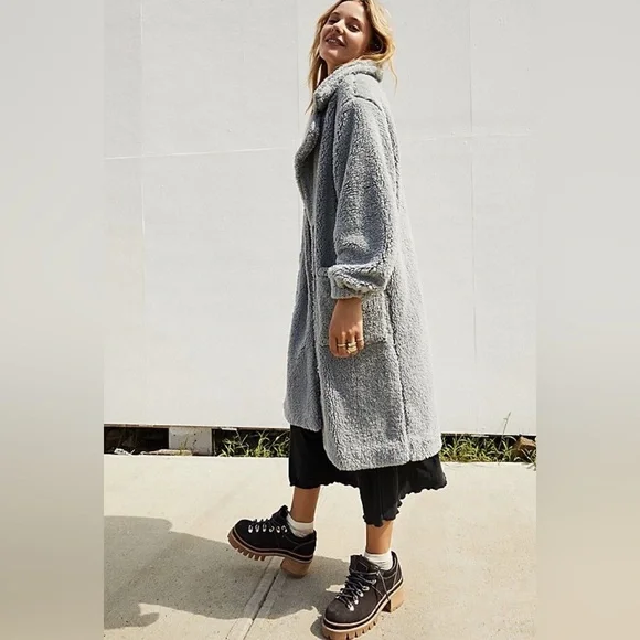 Free People Tessa Cozy Gray Teddy Coat Jacket Dusty Blue L XL - Picture 5 of 16